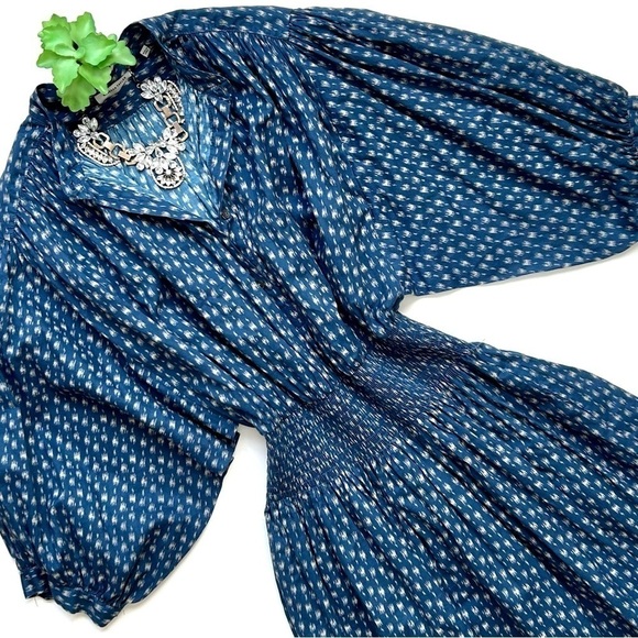 Rebecca Taylor Long Sleeve Ikat Shirtdress Indigo Blue Puff Sleeve Smocked Sz S - Picture 2 of 16